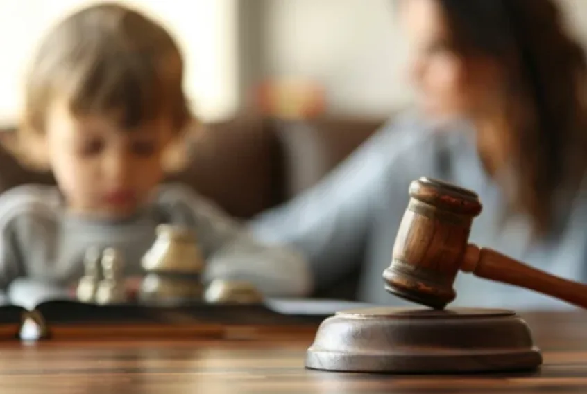 A young child seated beside an adult, with a gavel in the foreground